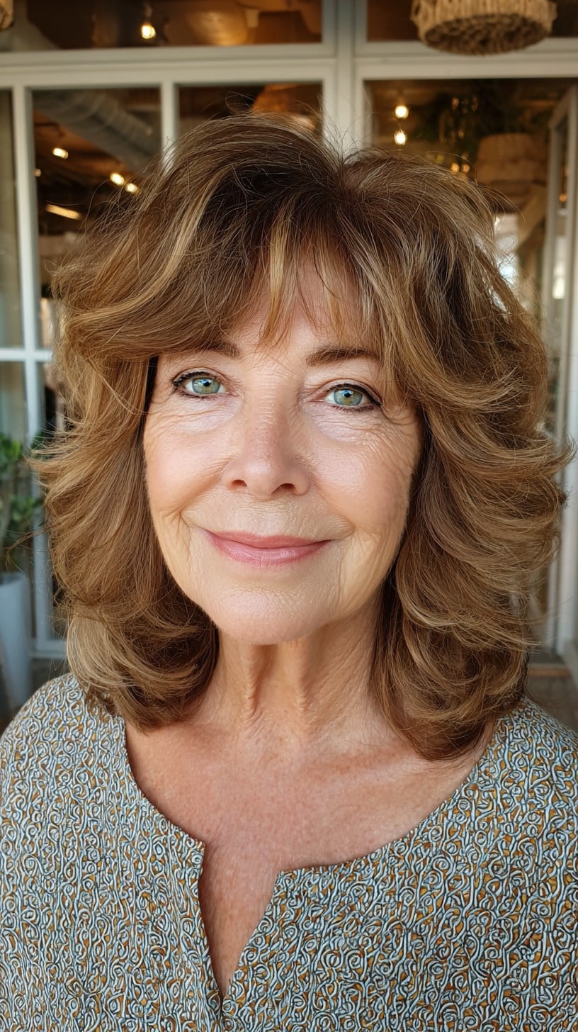 Soft Chestnut Shoulder Shag with Buoyant Crown and Face‑Framing Babylights