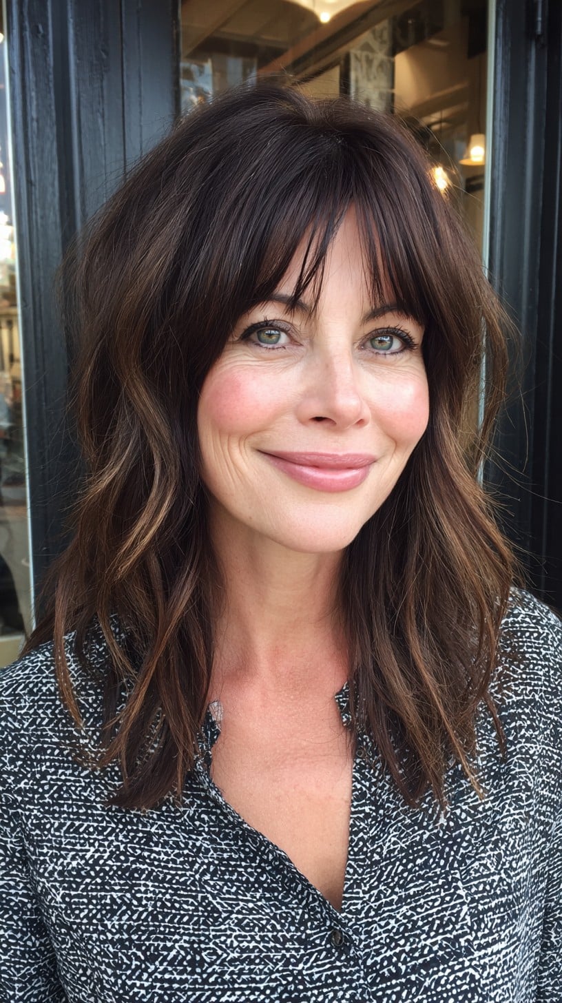 Soft Chocolate Shoulder-Length Hush Cut with Piecey Center Fringe