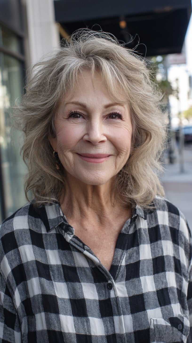 Soft Silver Layered Medium Shag with Face-Framing Feathered Layers
