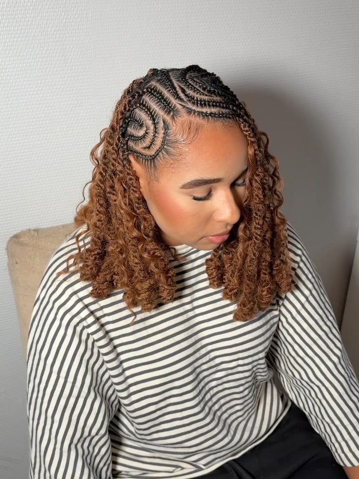 Spiral Cornrow Half-Up with Caramel Curly Mid-Length Ends