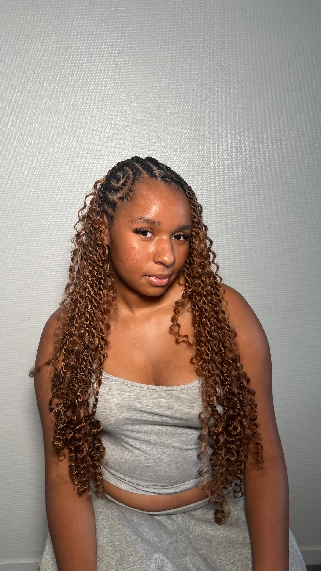 Spiral Rosette Feed-In Cornrows with Waist-Length Caramel Crochet Curls
