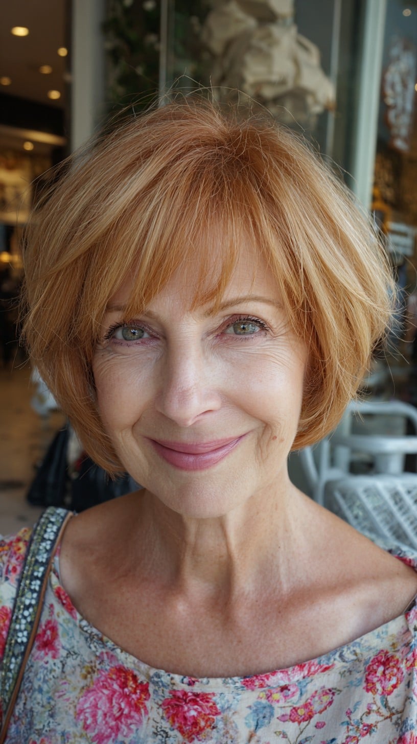 Strawberry Blonde Rounded Stacked Bob with Soft Micro Fringe