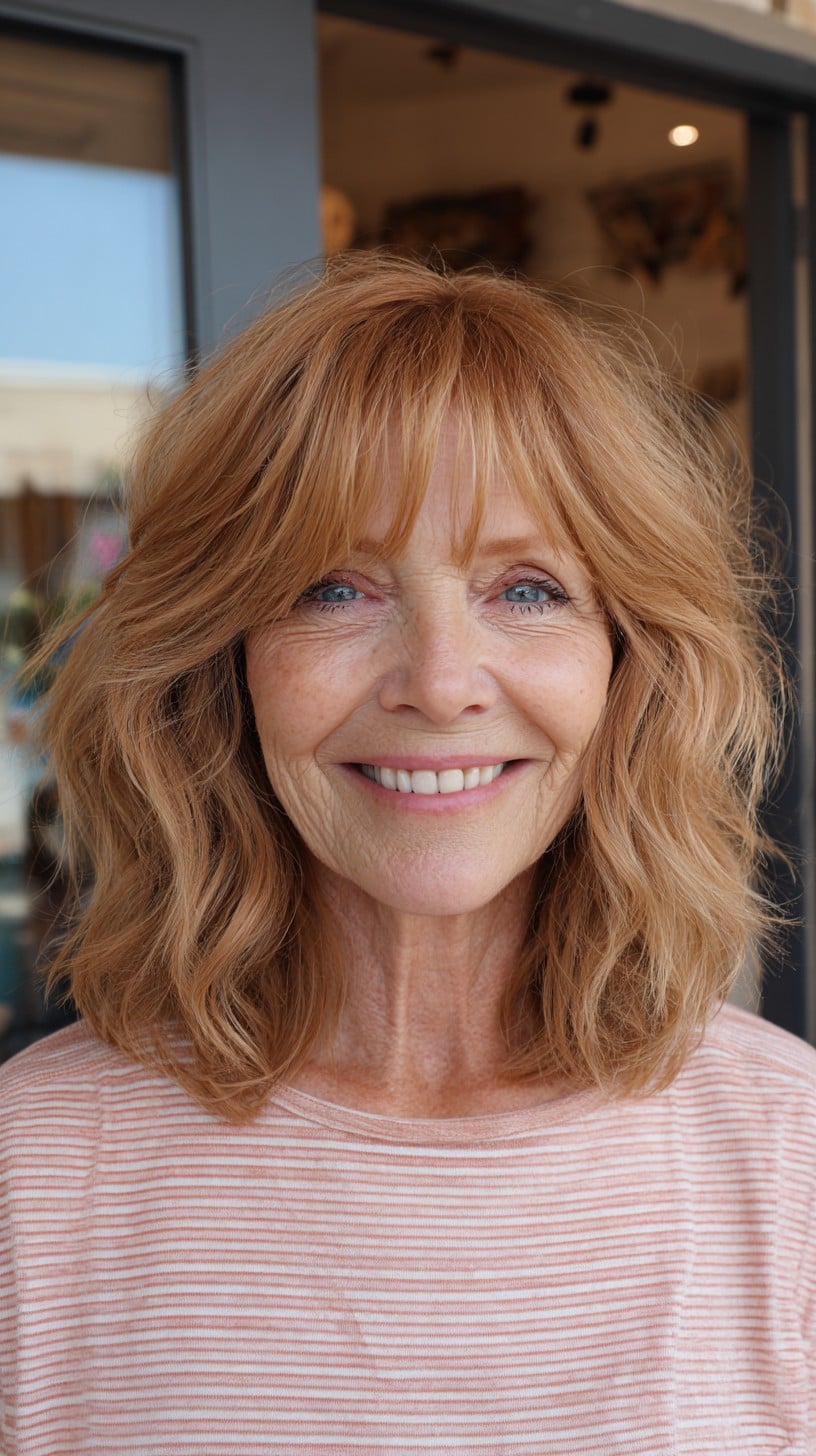 Sun-Kissed Soft Copper Shoulder-Length Shag with Feathered Micro-Bang