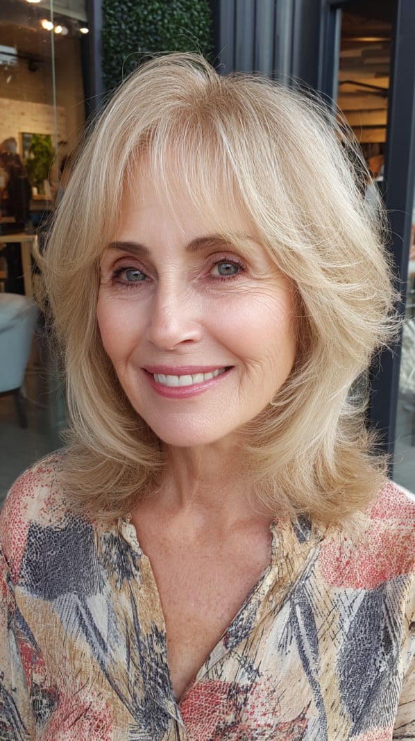 Sunlit Ash Blonde Mid-Length Layered Flip with Airy Crown