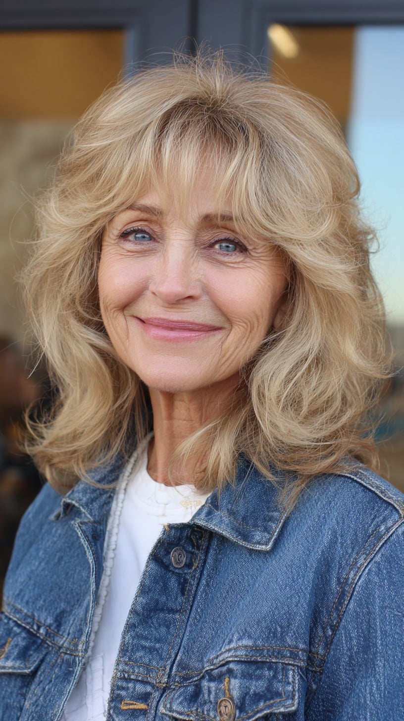 Sunlit Blonde Shoulder Shag with Root Smudge and Feathered Sweep