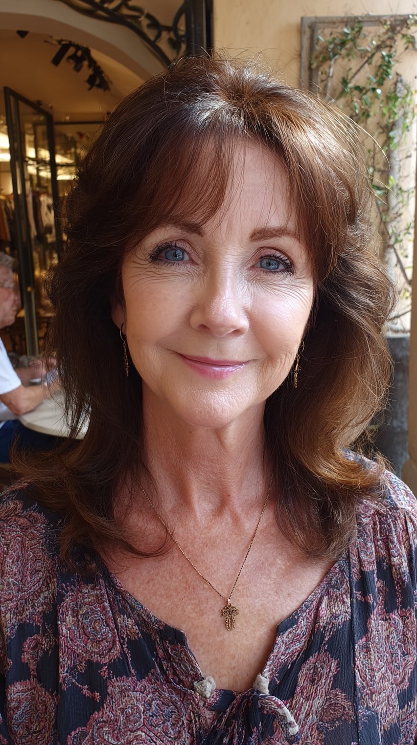 Sunlit Chocolate Shoulder-Length Shag with Gentle Curtain Sweep