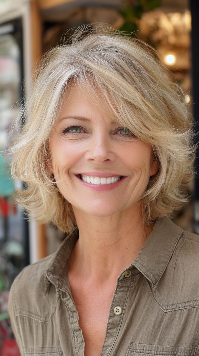 Textured Blonde Razor-Cut Bob with Feathered Side-Swept Layers