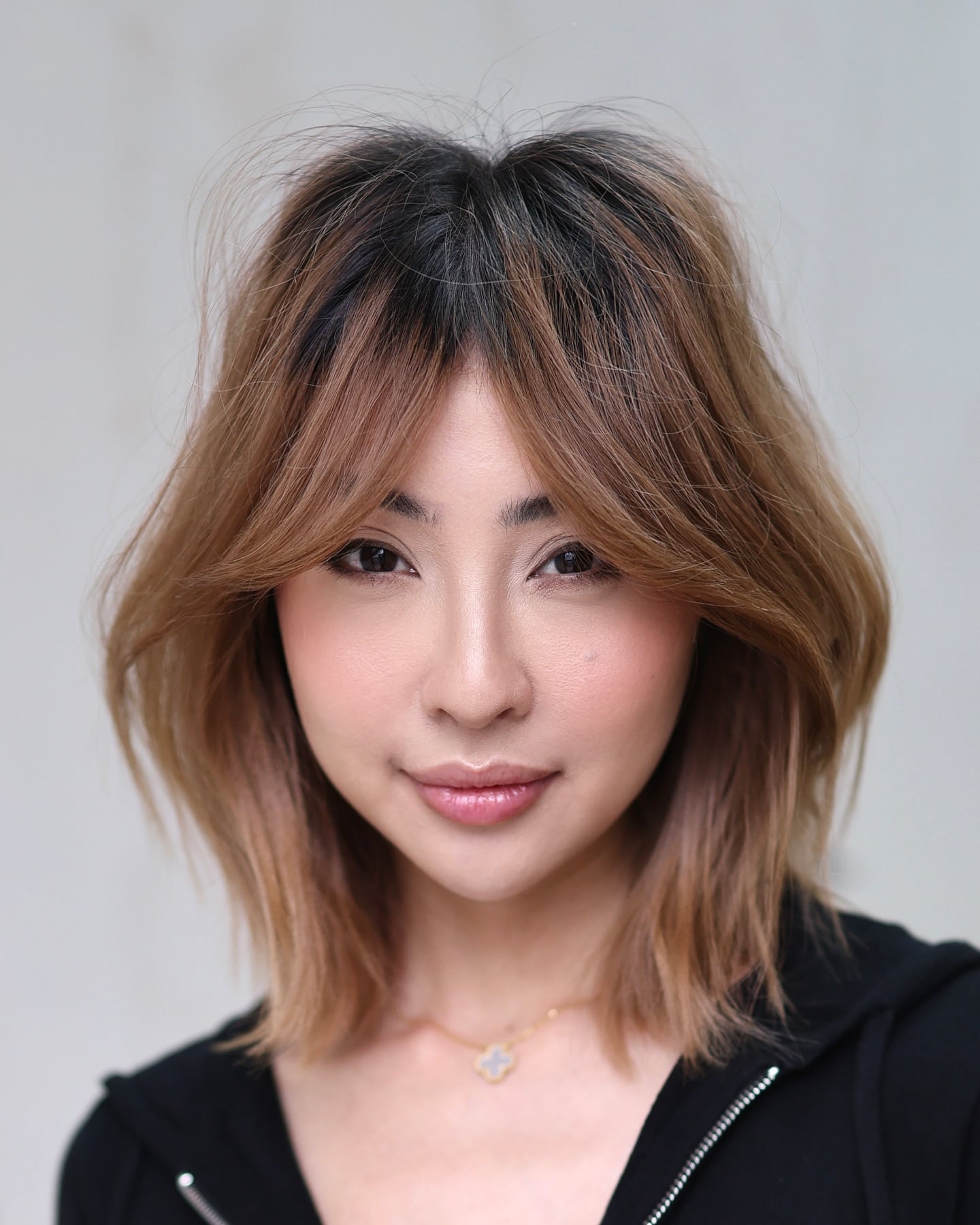 Textured Caramel Shadow-Root Lob with Center Curtain Fringe