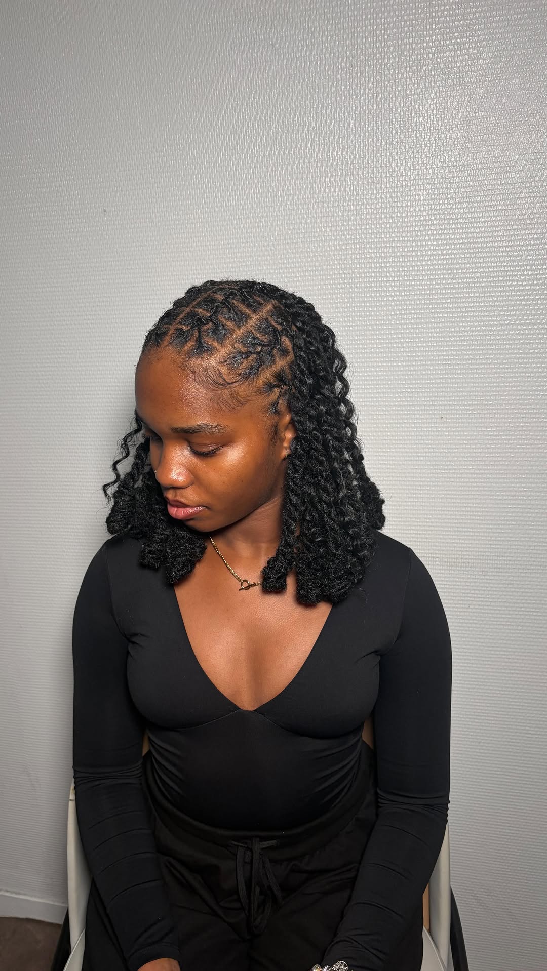 Triangular-Grid Cornrows into Shoulder-Length Two-Strand Twists