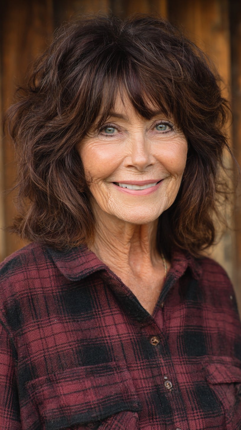 Voluminous Chocolate Mid-Length Shag with Soft Micro-Fringe