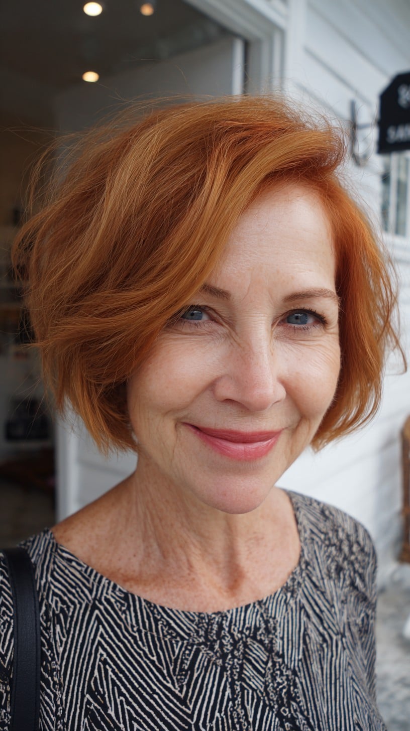 Voluminous Copper Stacked Bob with Side-Swept Layers