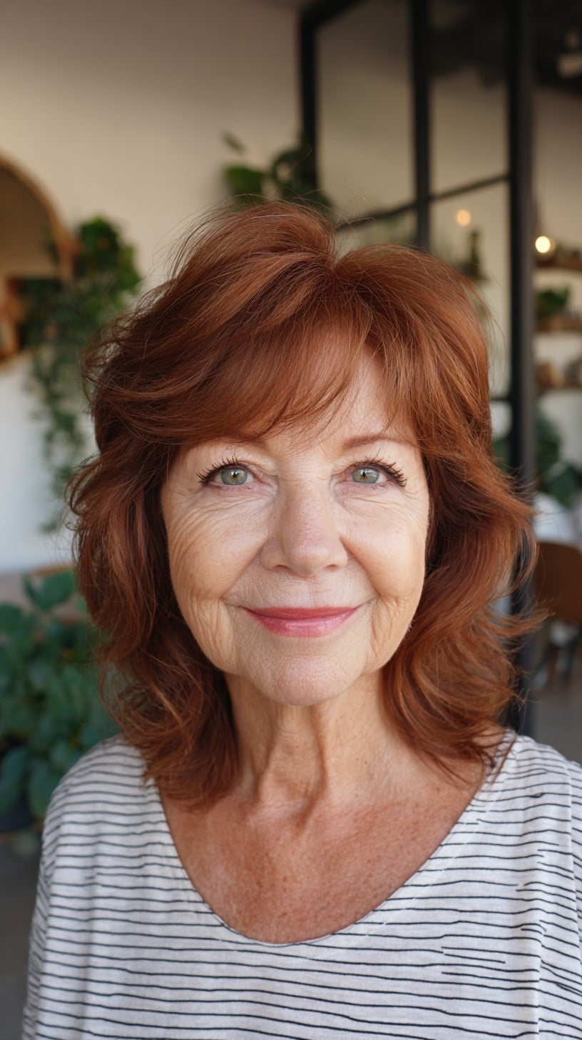 Warm Auburn Shoulder-Length Shag with Rounded Feathered Layers