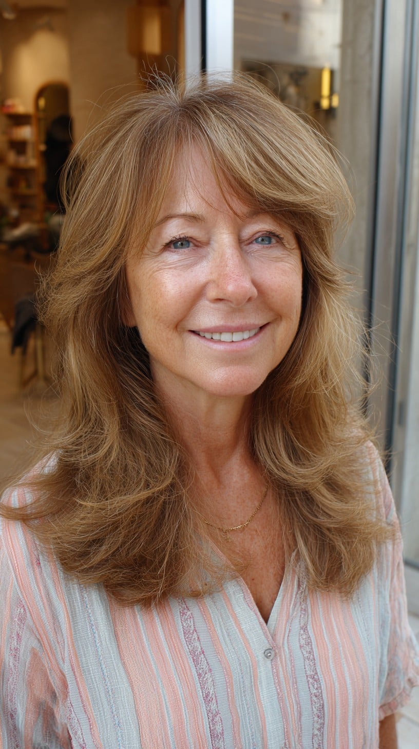 Warm Bronde Long Layers with Soft Side Fringe