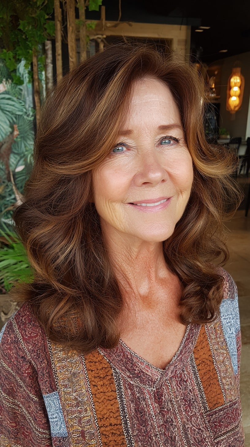Warm Bronde Shoulder-Length Waves with Caramel Face-Framing Lifts