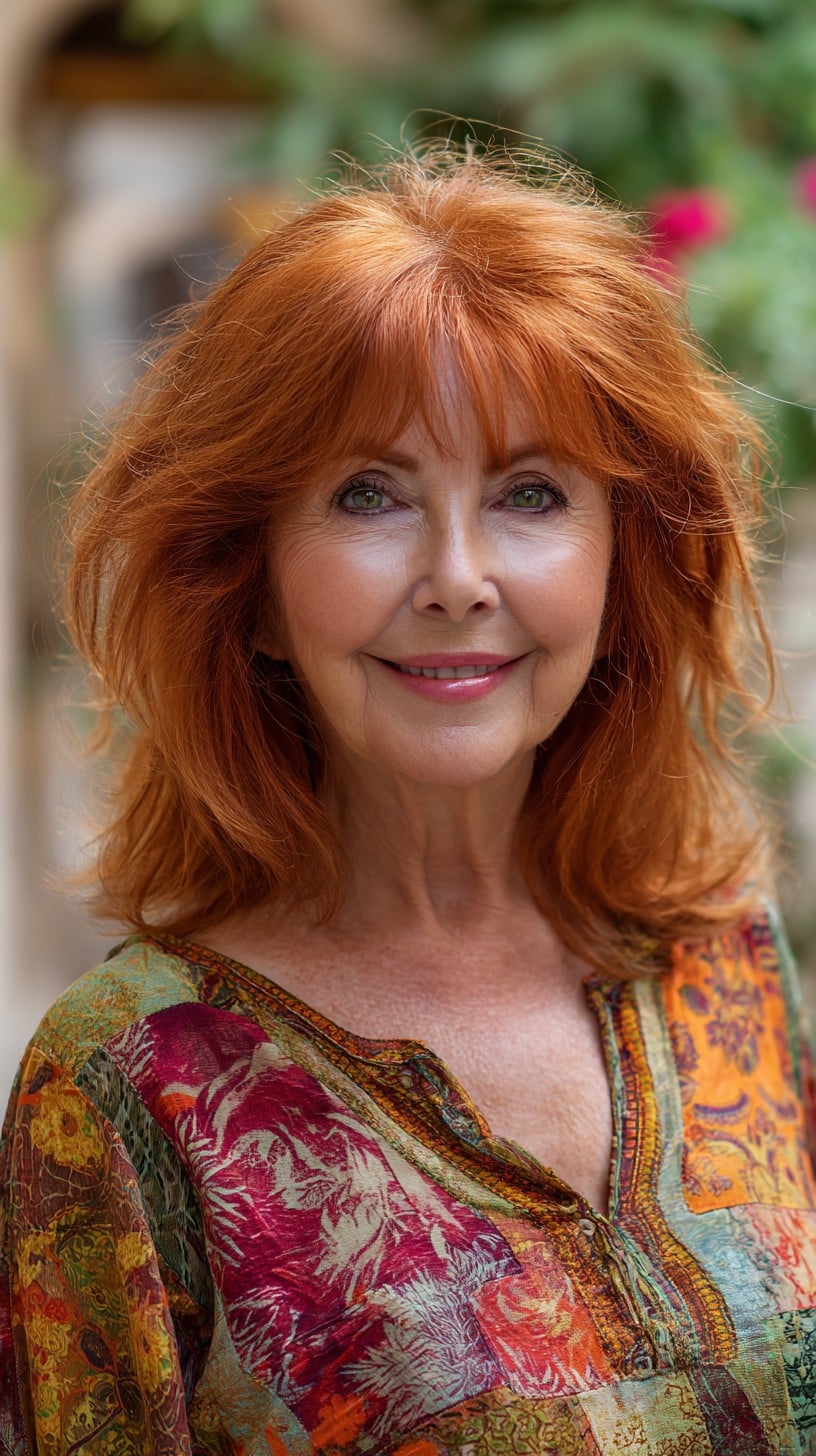 Warm Ginger Shoulder-Length Shag with Soft Razored Ends