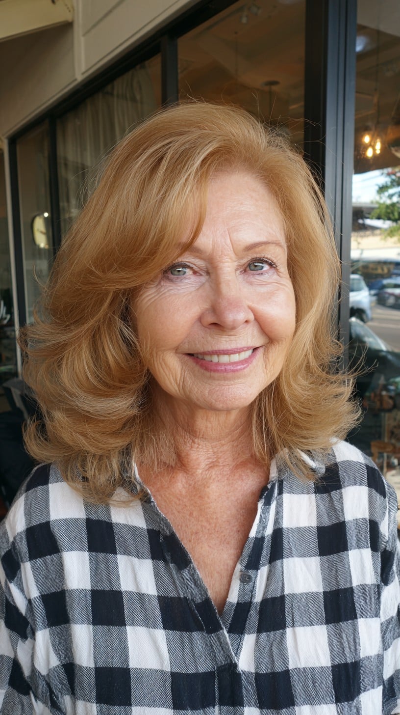Warm Golden Layered Shoulder-Length with Feathered Face-Framing