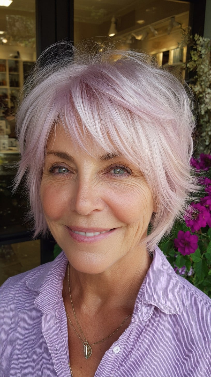 Blush-Toned Feathered Pixie Shag with Lifted Crown