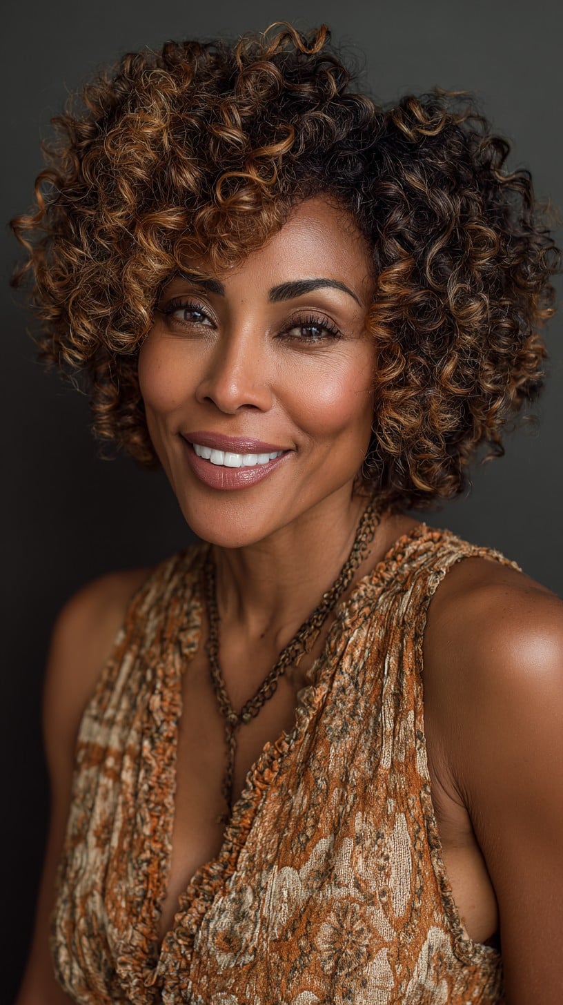 Caramel-Lit Coily French Bob with Sculpted Side Sweep