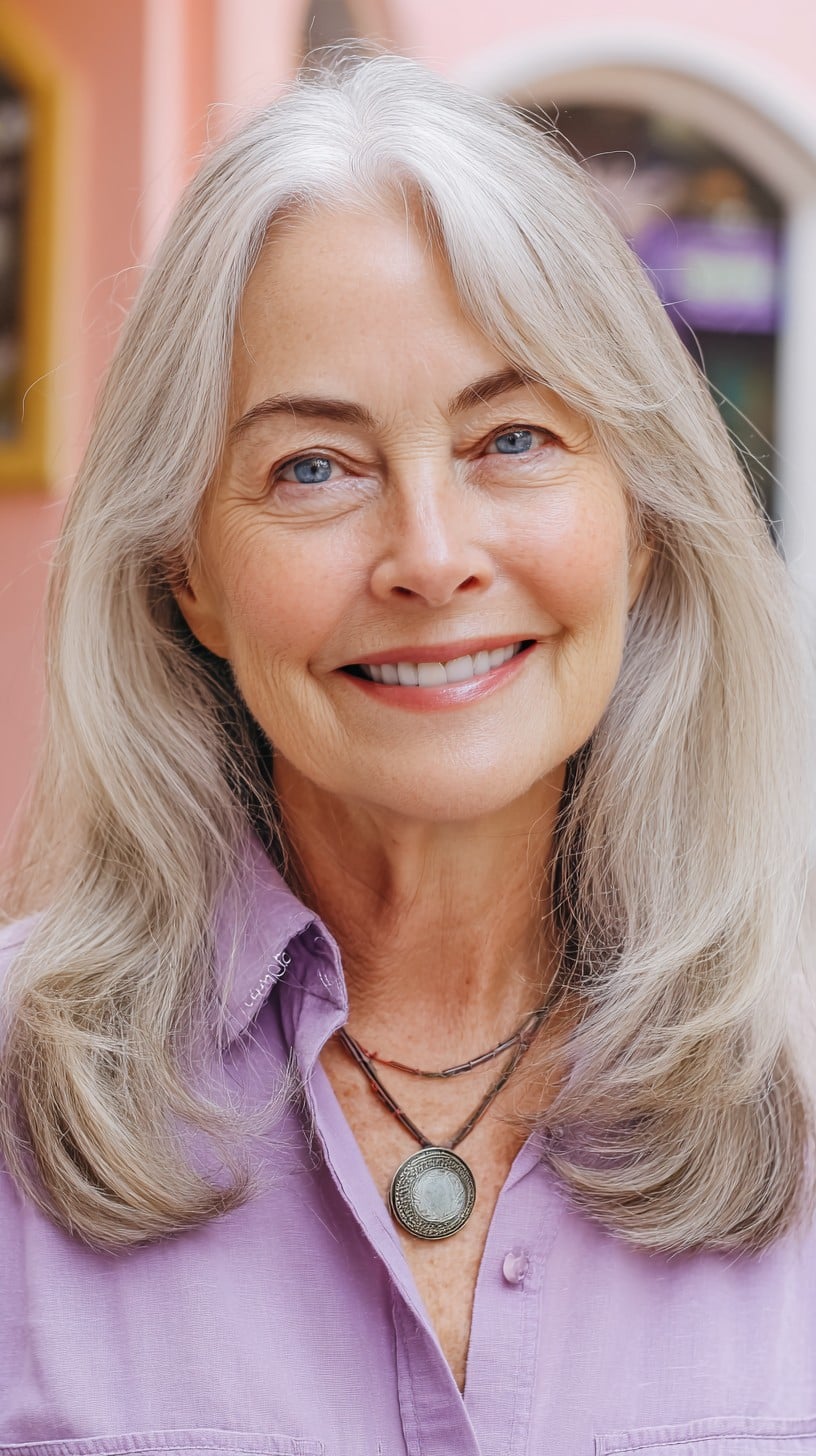 Center-Parted Silvery Shoulder-Length Layers with Subtle Sweep