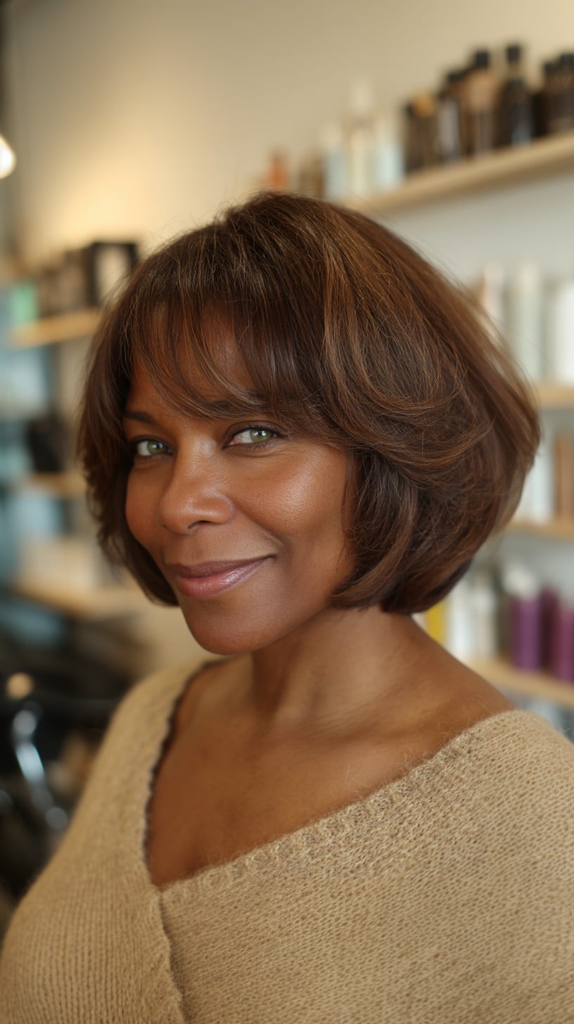 Chestnut Layered French Bob with Soft Curtain Fringe and Face‑Framing Babylights