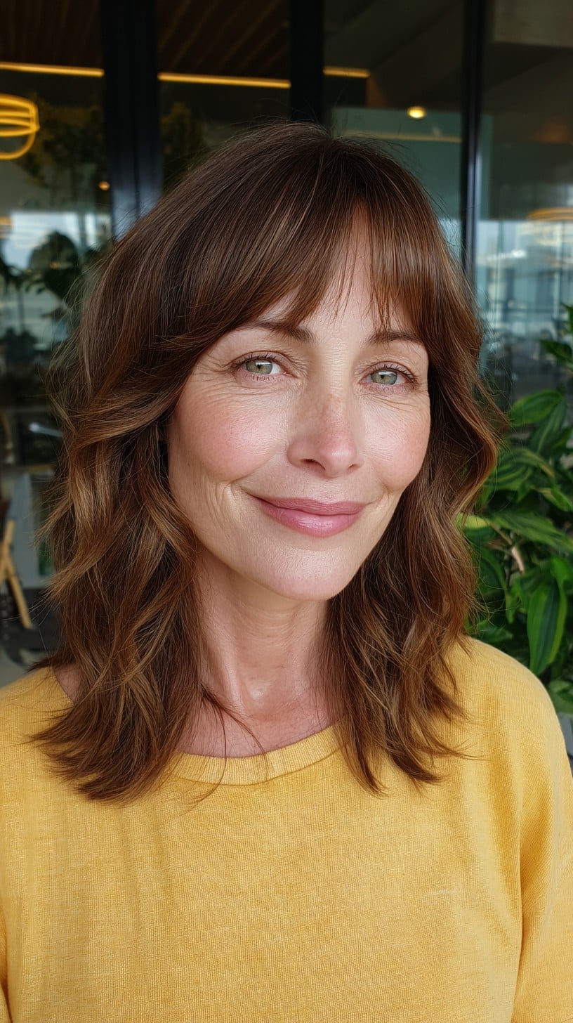 Chestnut Shoulder-Grazing Shag with Wispy Baby Bangs and Subtle Babylights