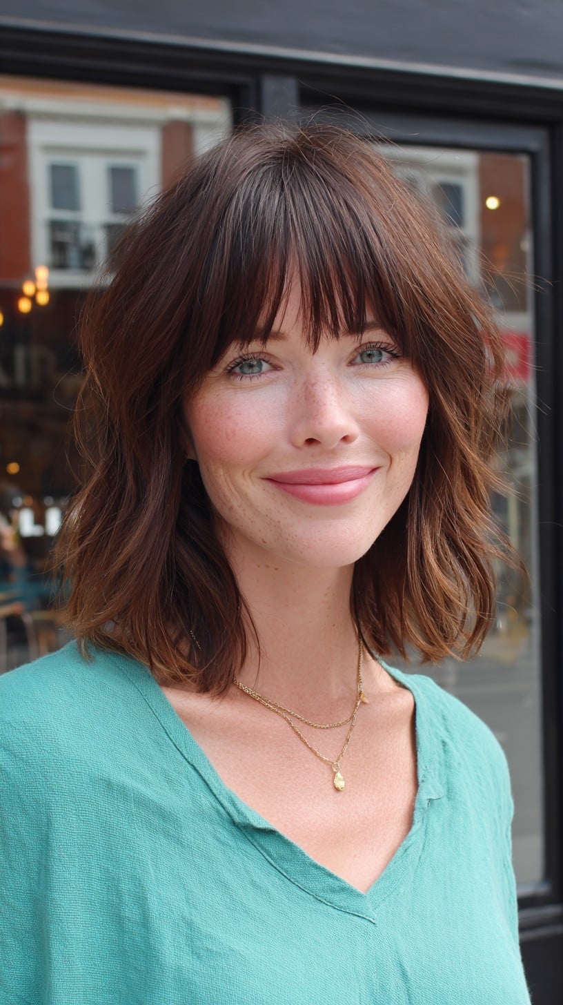 Chic Choppy Shoulder-Grazing Lob with Wispy Blunt Fringe and Root Depth