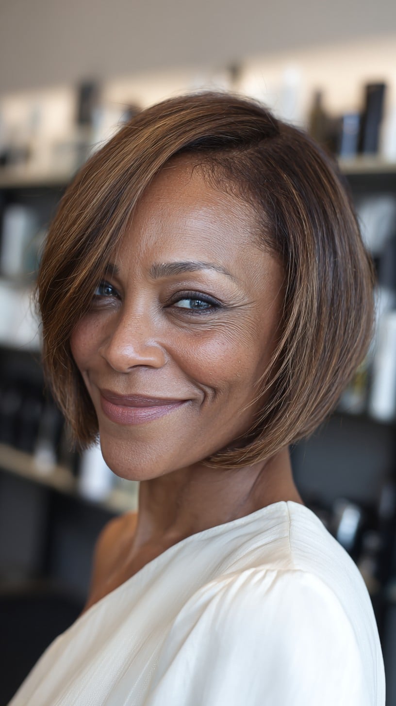Chin-Grazing Angled French Bob with Subtle Warm Highlights