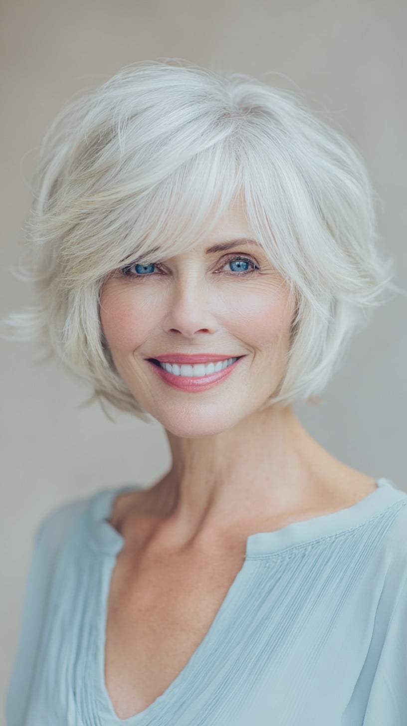 Chin-Length Feathered Silver Shag with Side-Swept Micro Fringe