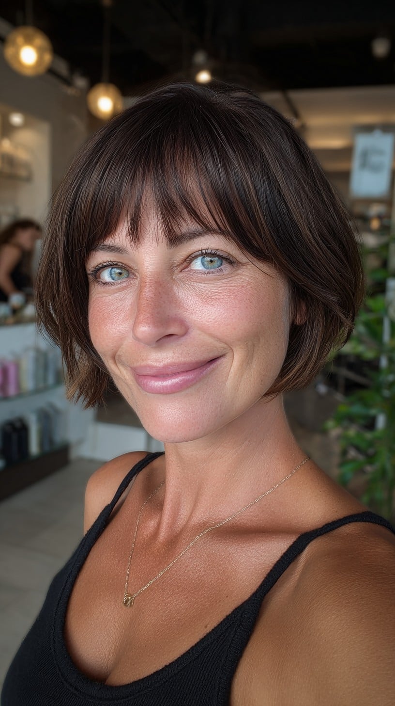 Chocolate Brunette Chin-Length Bob with Airy Baby Bangs and Soft Interior Texturizing