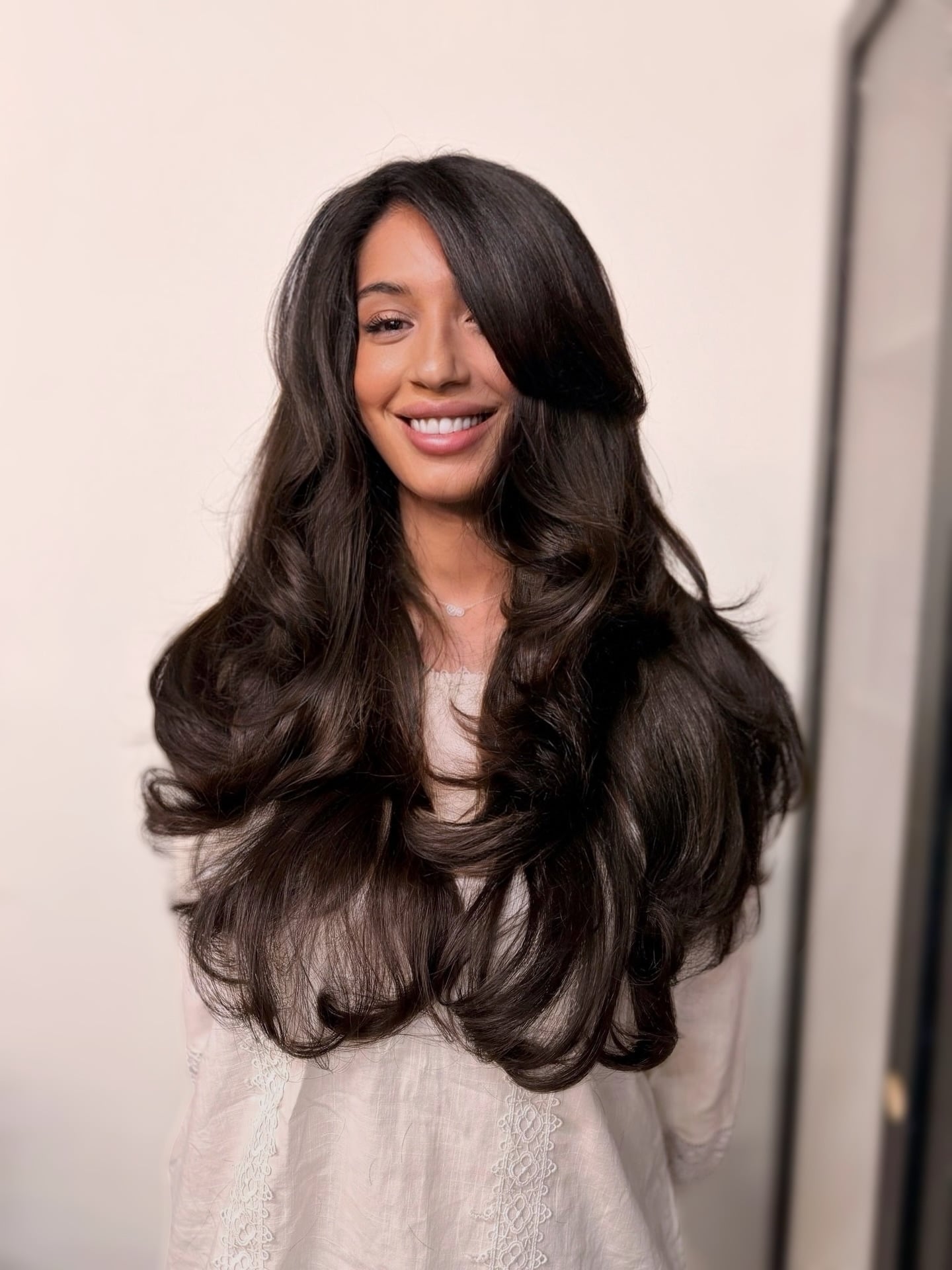 Deep Espresso Butterfly Layers with Side-Swept Rounded Fringe