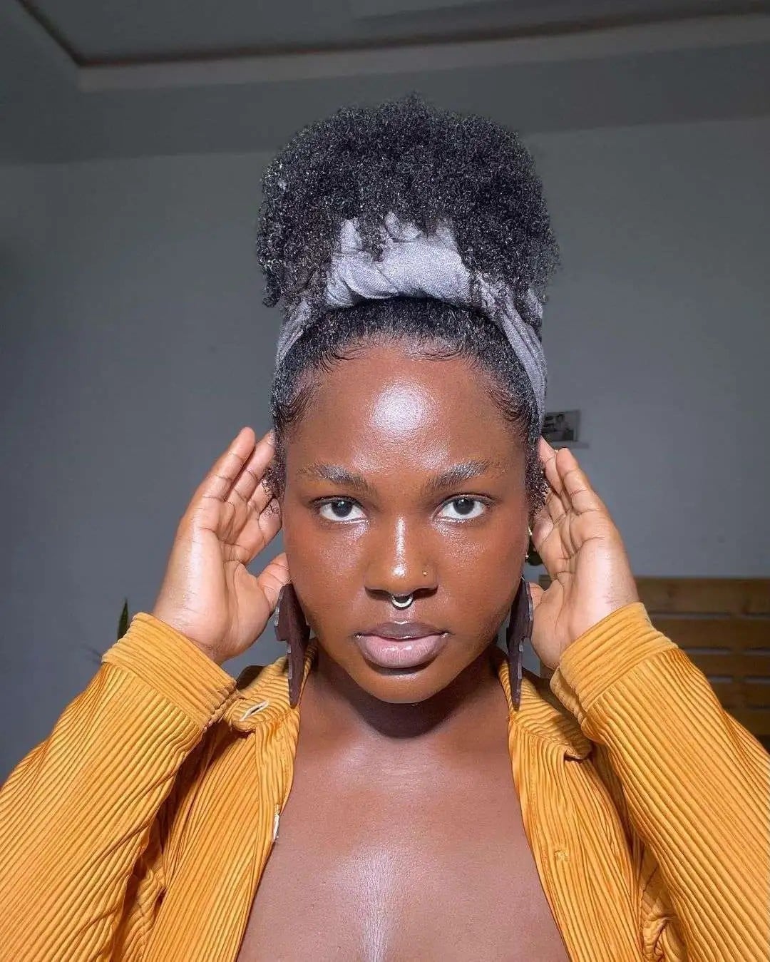 Elevated Natural High Puff with Scarf Band and Sleek Edges