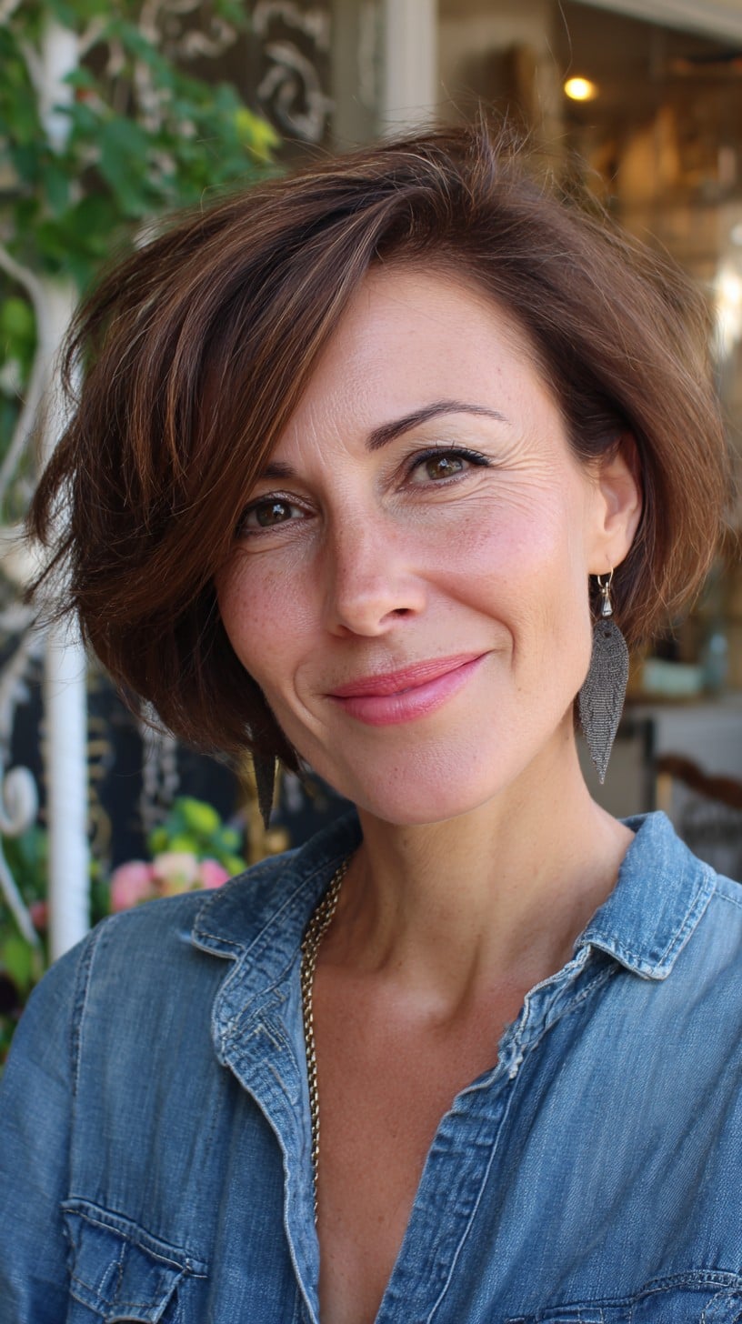 Feathered Jaw-Grazing Chocolate Bob with Side-Swept Root Lift