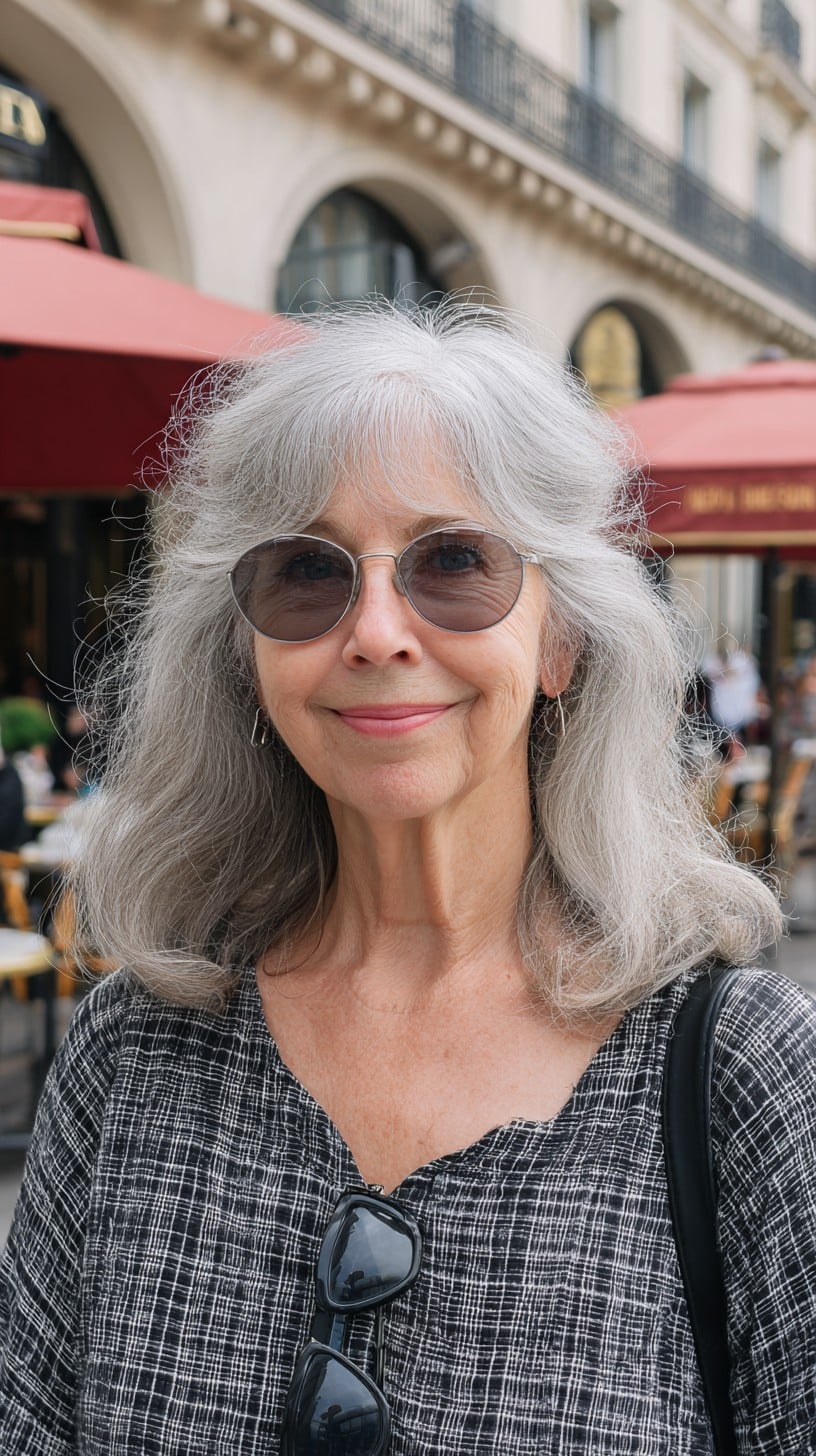 Feathered Shoulder-Length Grey Cut with Center Lift