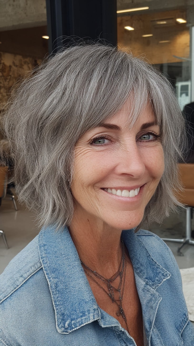 Feathered Silver Bob-Shag with Micro Curtain Bangs