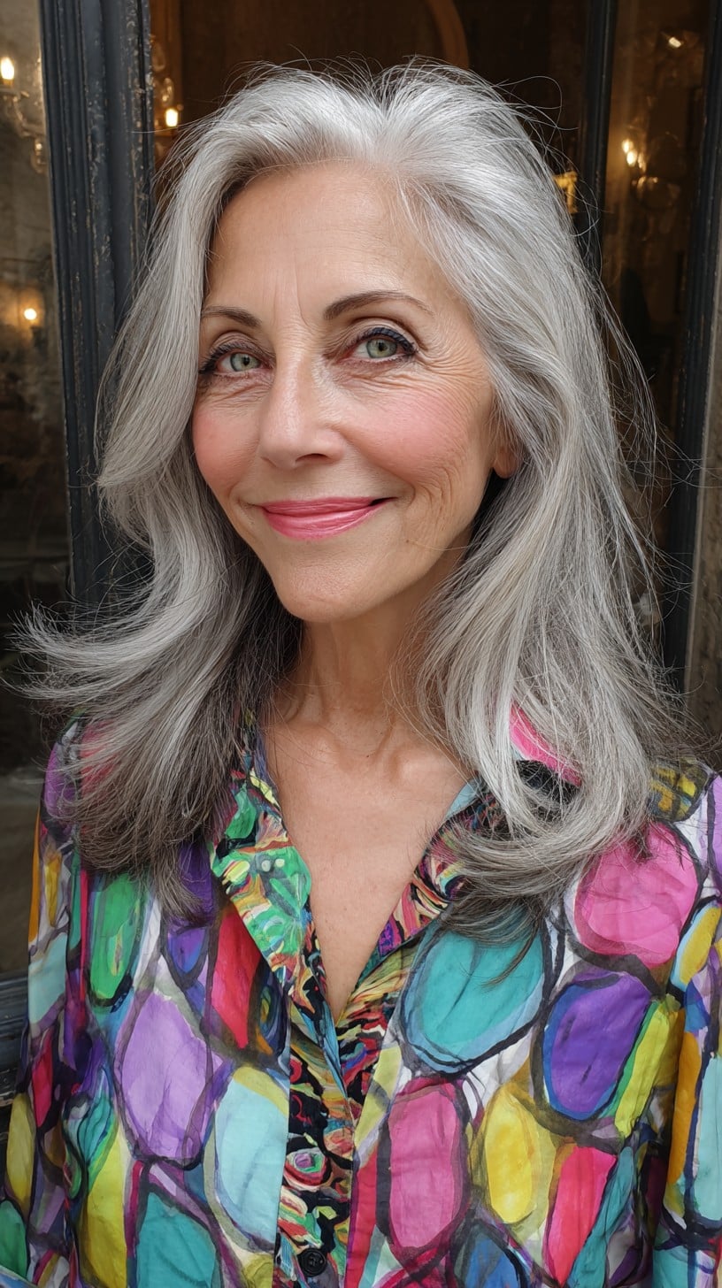 Feathered Silver Mid-Length Layers with Face-Framing Flip