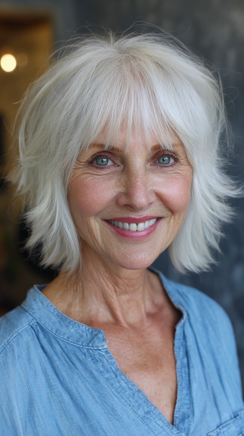 Feathered Silver Shag with Short See-Through Fringe