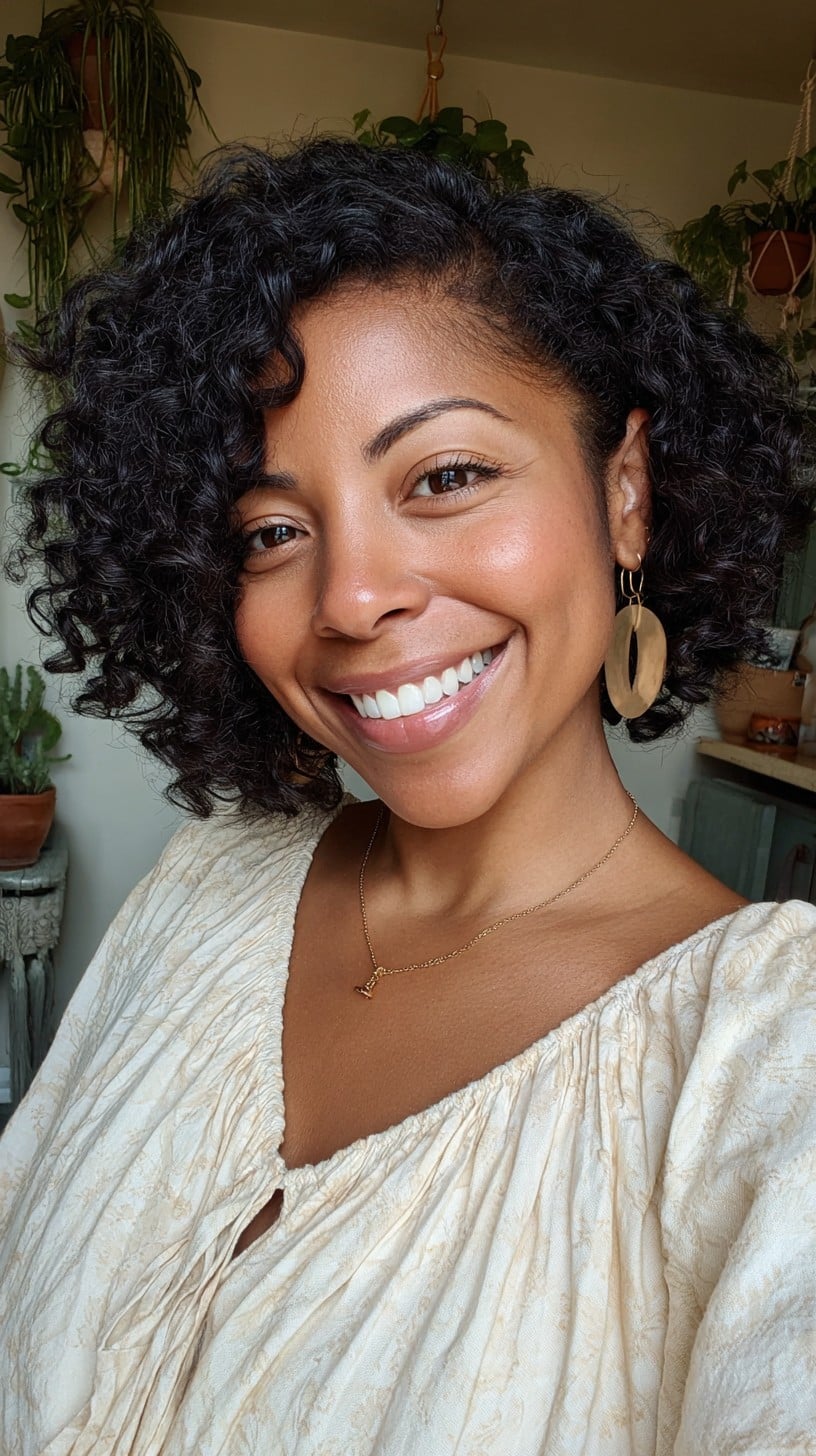 Forward-Weighted Chin-Grazing Curly French Bob with Deep Side Part