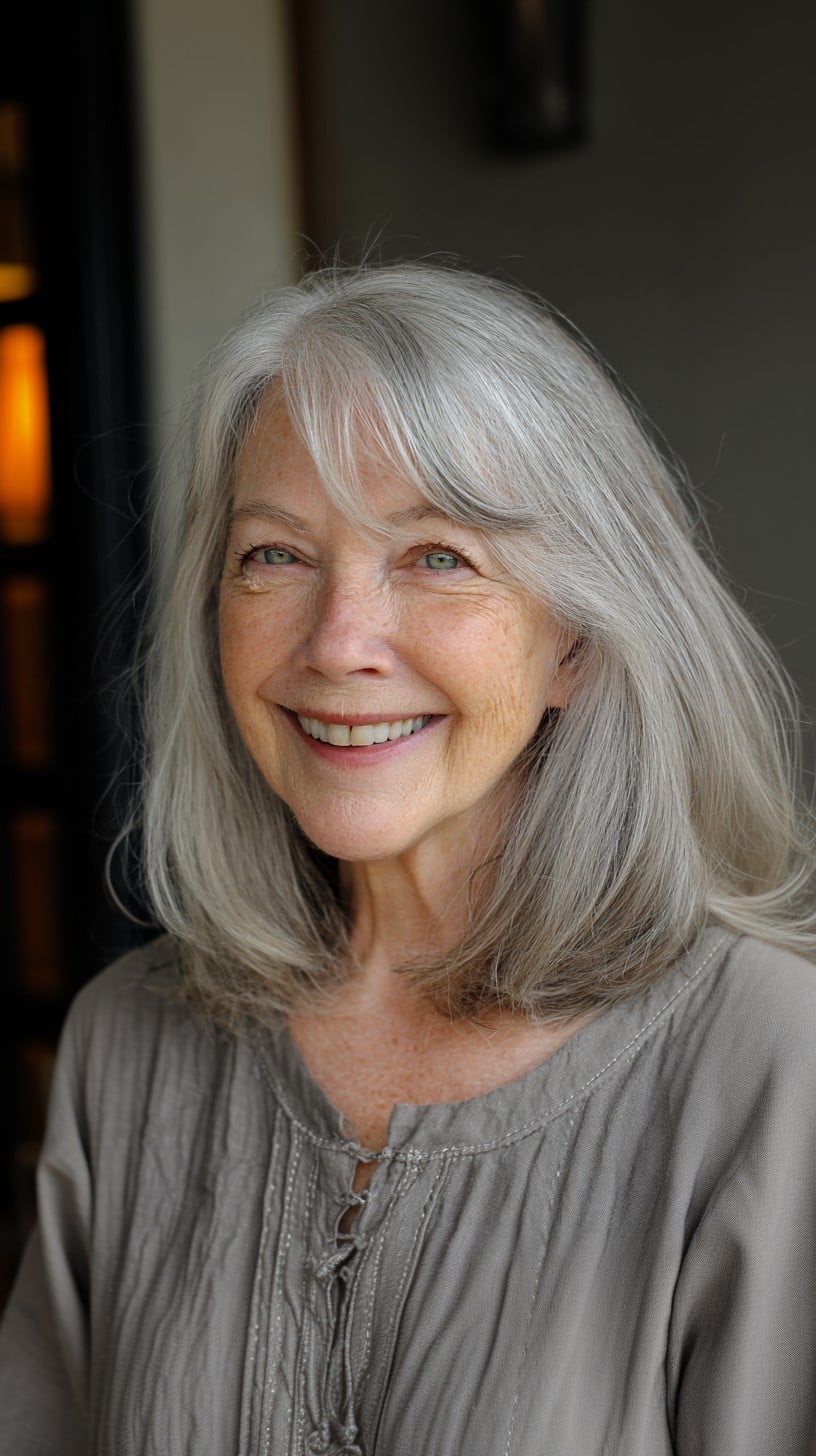 Gentle Shoulder-Length Layers with Long Side-Swept Fringe