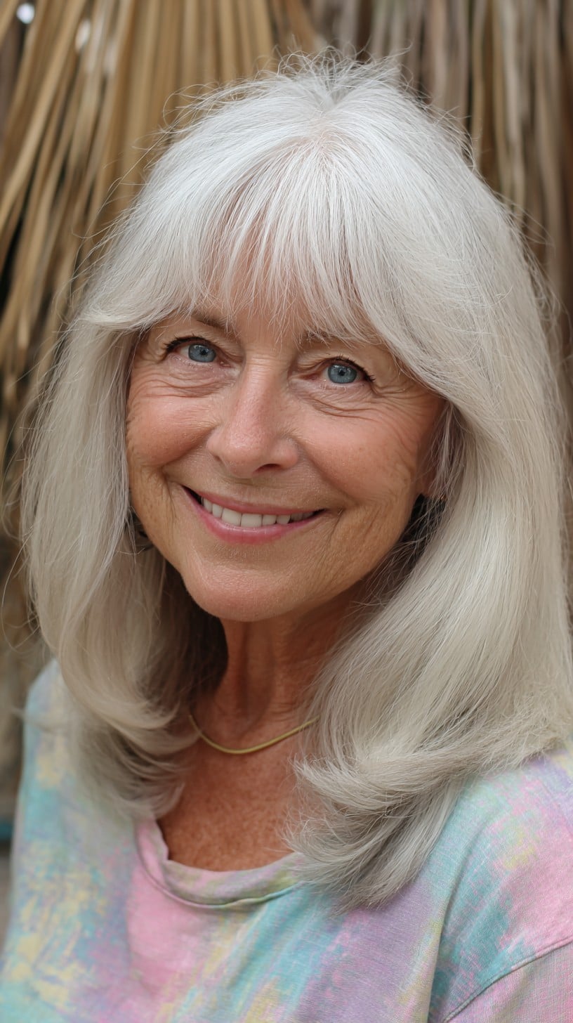 Gentle Silver Shoulder-Length Layers with Short Soft Fringe and Root Lift