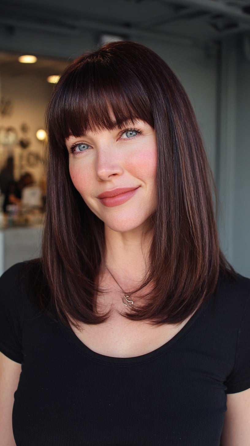 Glossy Chestnut Shoulder-Length Cut with Sheer Blunt Fringe