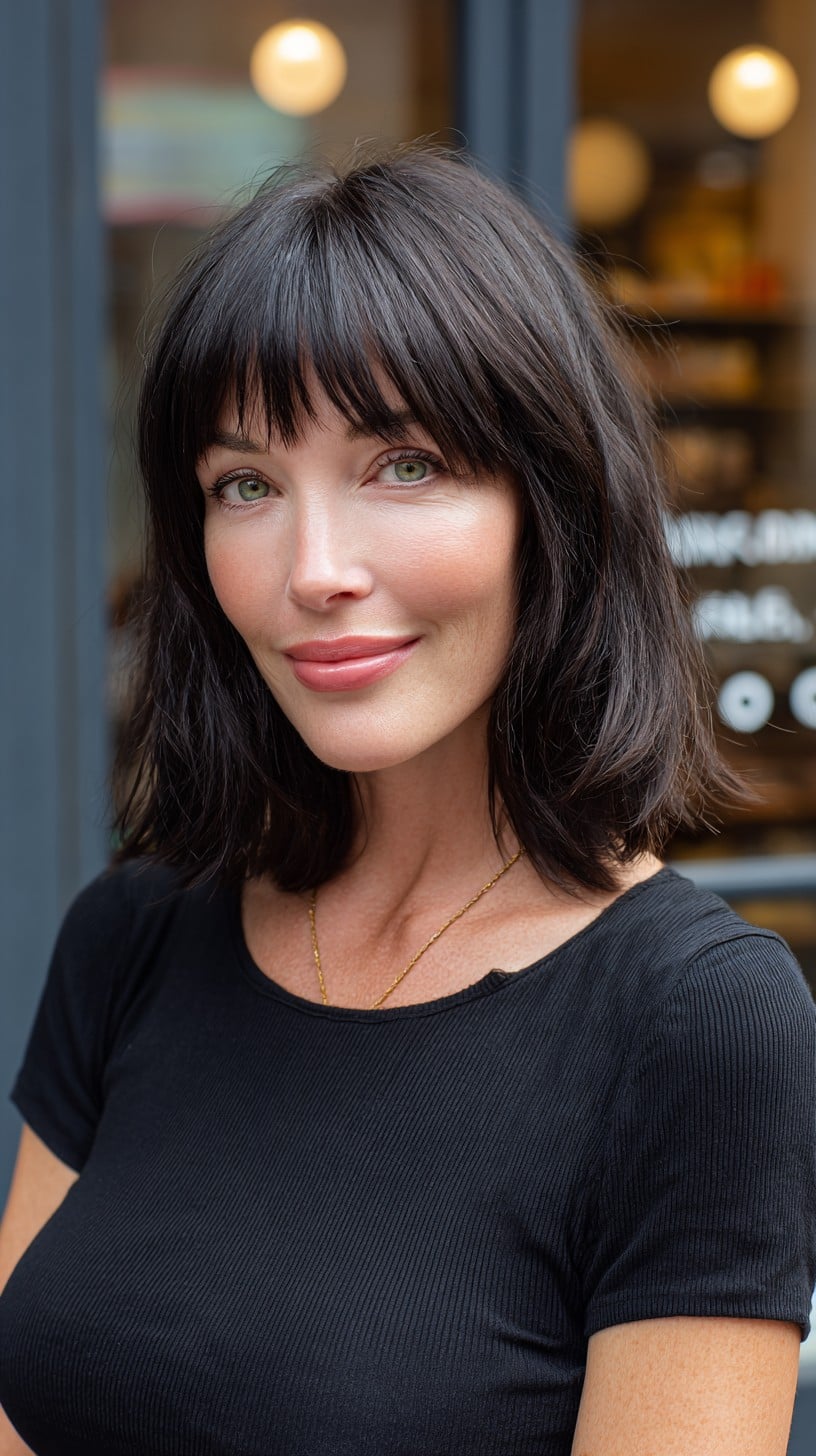 Glossy Dark Brunette Shoulder-Length Lob with Wispy Blunt Bangs and Subtle Interior Texture