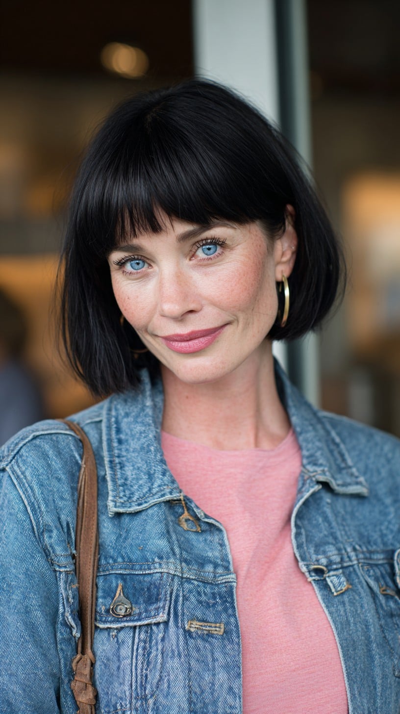 Glossy Rounded Chin-Length Bob with Short Blunt Fringe