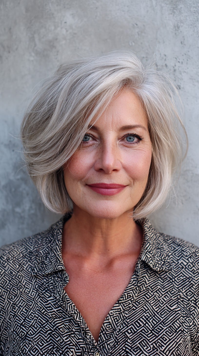 Icy Silver Rounded Jaw-Length Bob with Long Side-Swept Fringe