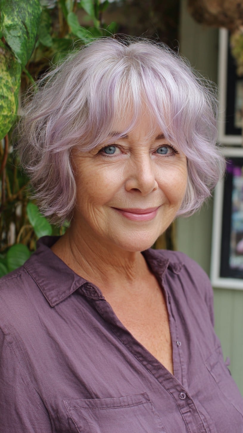 Light Lilac Feathered Bob with Wispy Curtain Bangs