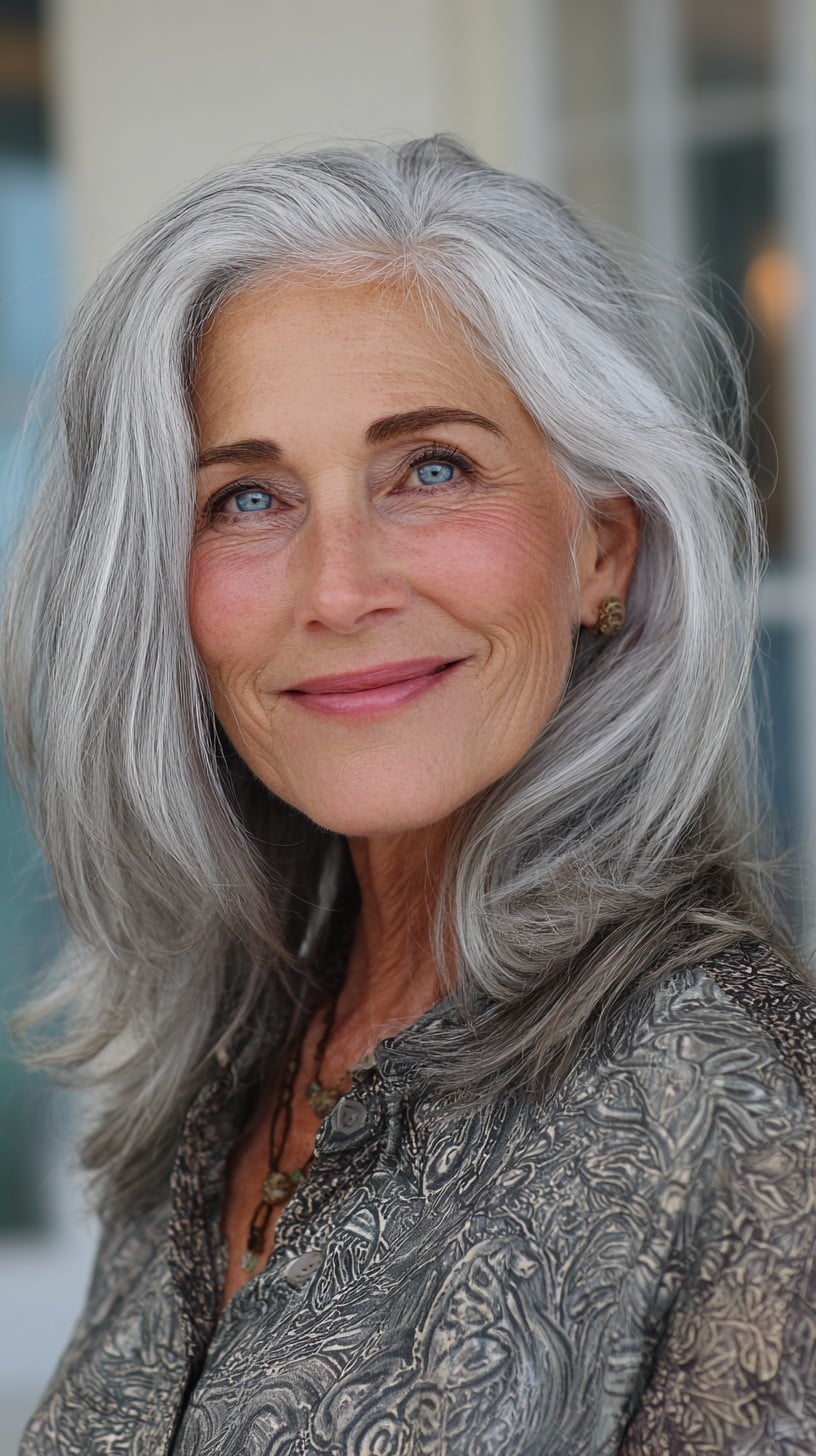Long Soft Grey Layers with Diagonal Side Part and Lift