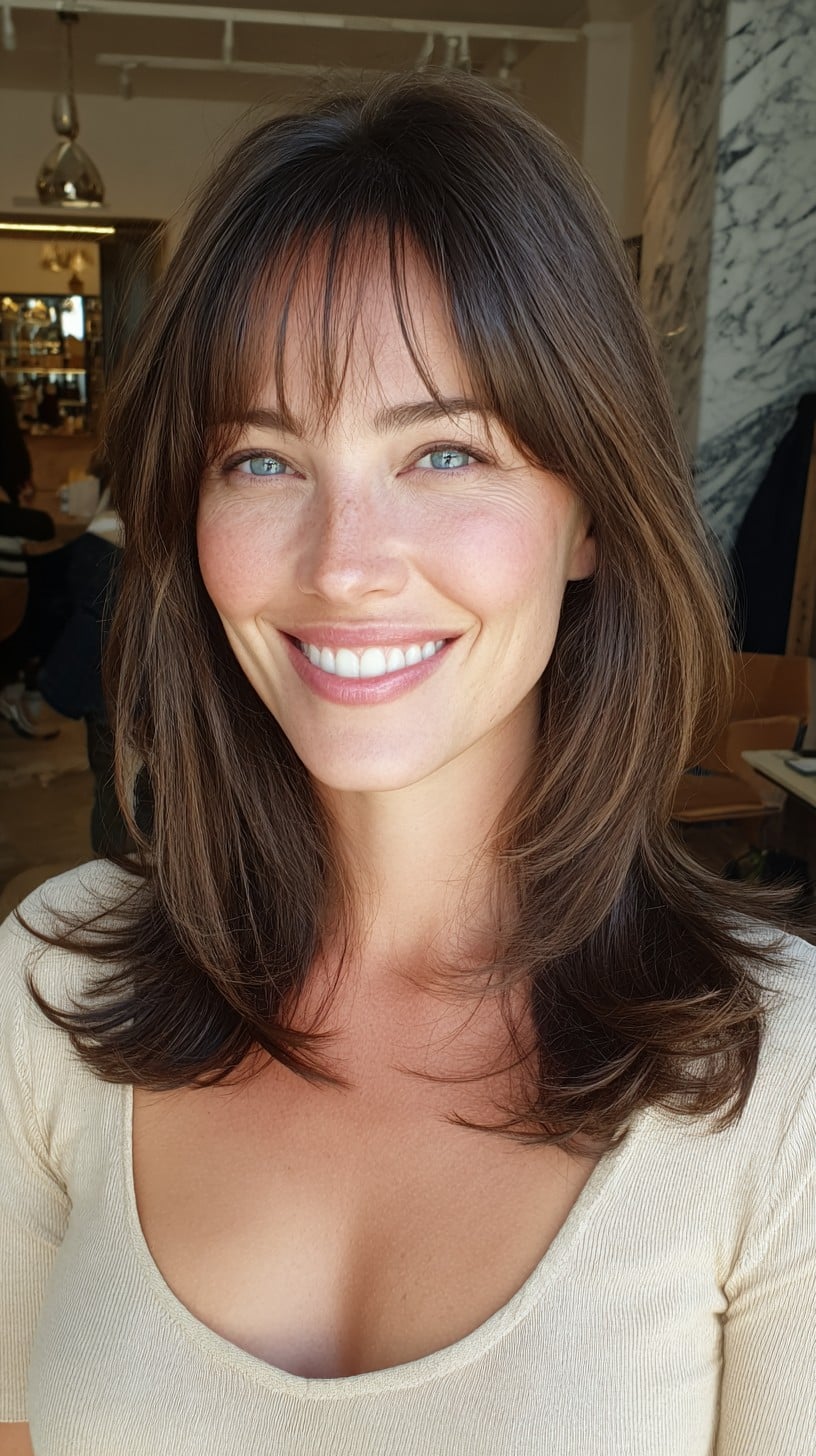 Medium-Length Feathered Layers with Wispy Center Fringe and Soft Flip