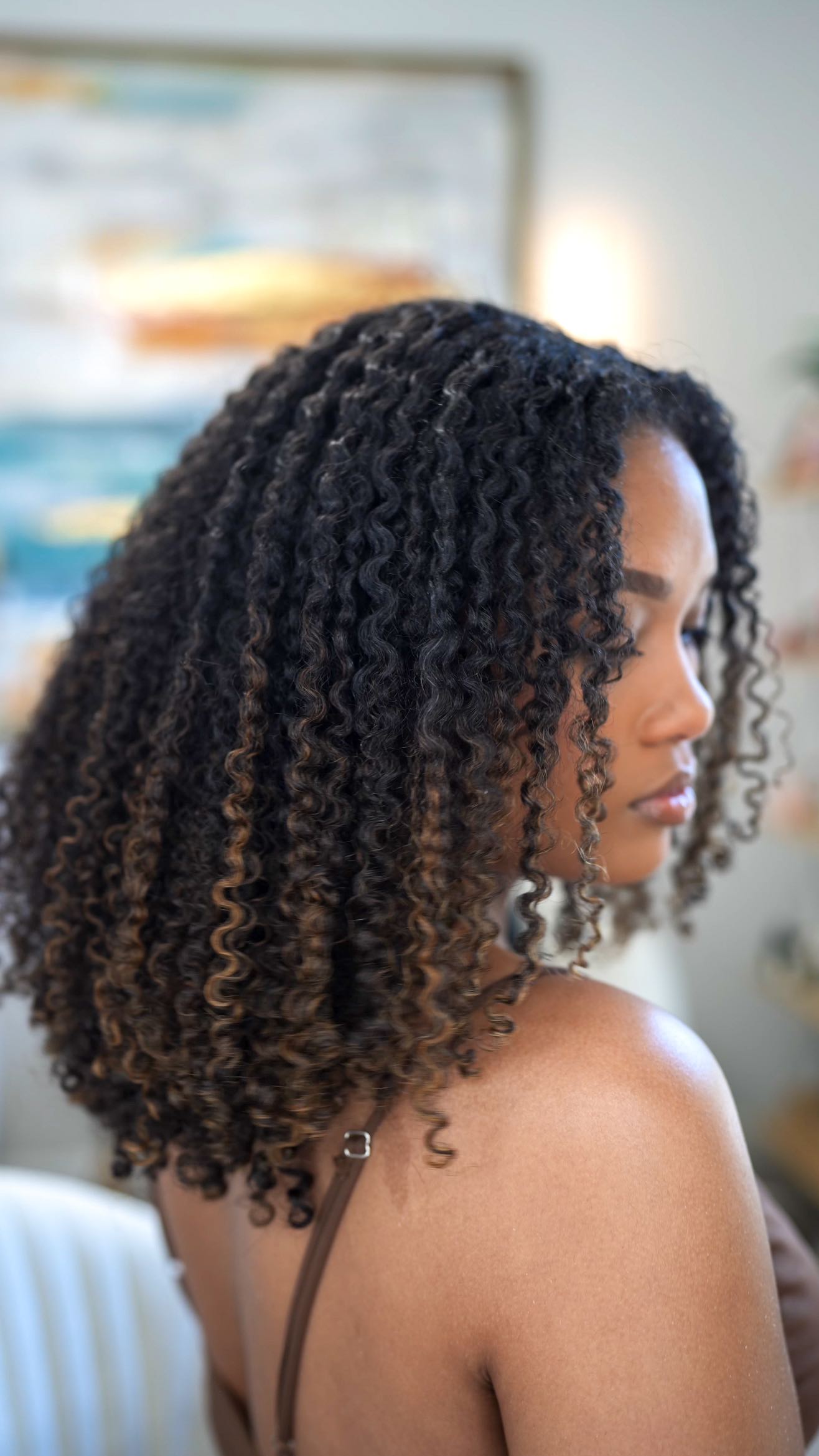 Mid-Length Defined Ringlets with Caramel Balayage