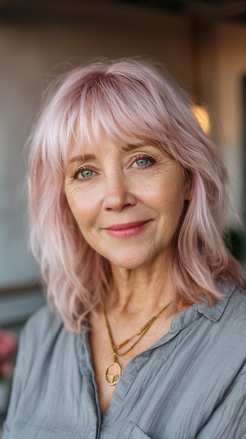 Pastel Rose-Gold Shoulder-Length Shag with Wispy Curtain Bangs