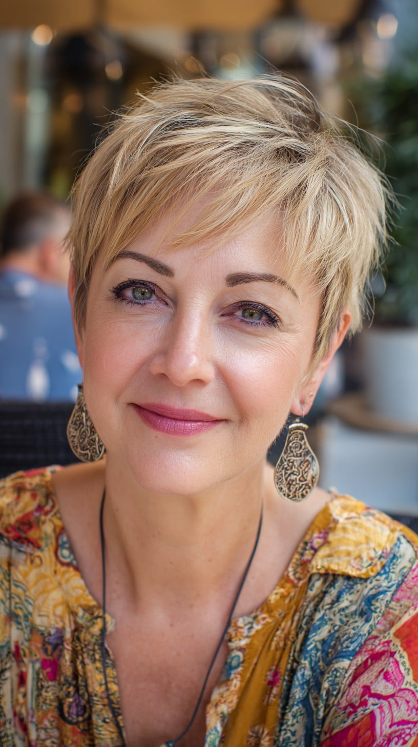 Piecey Blonde Textured Pixie with Crown Lift and Micro Fringe