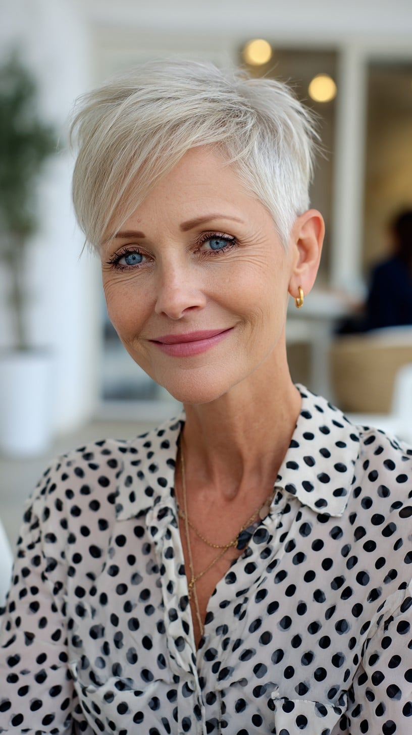 Platinum Textured Pixie with Diagonal Side Fringe